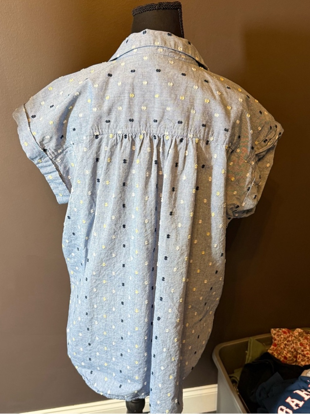 LOFT Light Blue Button-Down Shirt with Navy and Yellow Dot Print - Picture 3 of 4